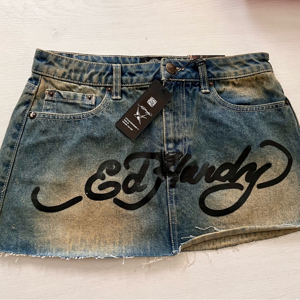 Ed Hardy Blue Denim Skirt with Black Logo